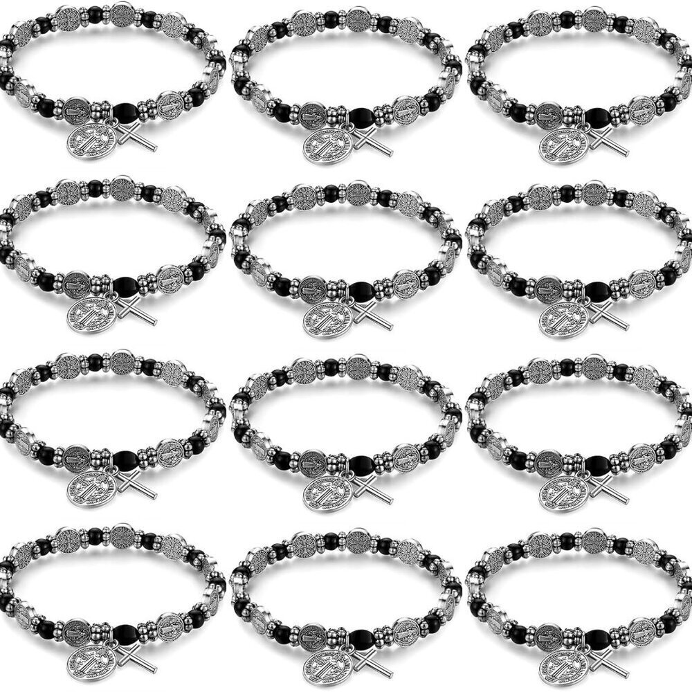 12 Pack Silver Bead Chain Rosary Bracelets Catholic Religious Jewelry